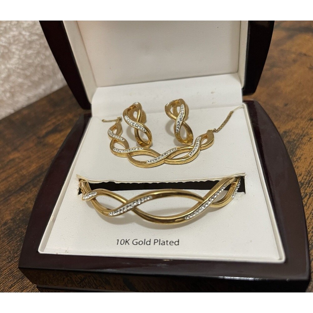 10K GP Gold Plated Jewelery Set Necklace Earrings Bangle Crystal Set Box Y2K NEW - Picture 10 of 16